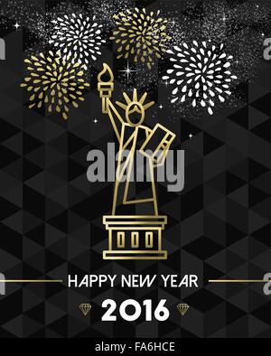 Felice Anno Nuovo 2016 New York biglietto di auguri con Stati Uniti d'America Stati Uniti Statua della Libertà in oro stile contorno. EPS10 vettore. Illustrazione Vettoriale