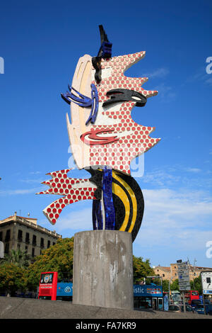 Testa Sculptur di Barcellona di Roy Lichtenstein, Barcellona, Spagna, Europa Foto Stock