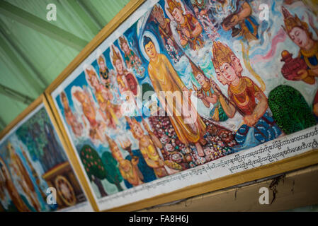 SAGAING, Myanmar — murale a Soon Oo Pon Nya Shin Pagoda. Situata sulla cima della collina Nga-pha, la Pagoda Soon Oo Pon Nya Shin è una delle pagode e dei templi multipli nel distretto religioso di Sagaing, vicino a Mandalay. La pagoda originale risale al 674. Foto Stock