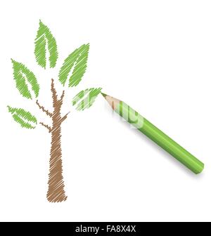 Matita disegna albero verde. Eco floreale di primavera Illustrazione Vettoriale