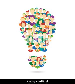 Piatto lampada Idea simboleggiano il processo di crowdsourcing isolato su bianco Illustrazione Vettoriale