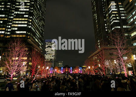 Tokyo, Giappone. 24 dicembre, 2015. Le persone si radunano per godere la illumina la Stazione di Tokyo come una parte delle attrazioni di Tokyo Michiterasu 2015 che inizia il 24 dicembre 2015, Tokyo, Giappone. Le Luminarie che portano dalla stazione di Marunouchi edificio dalla stazione di Tokyo al lungomare di colorfully LED accesi lungo Gyoko-dori Street e Naka-dori Street dove Marunouchi ha luogo il mercato di Natale. Le Luminarie sono sul display 24 Dicembre a 27. Credito: Rodrigo Reyes Marin/AFLO/Alamy Live News Foto Stock