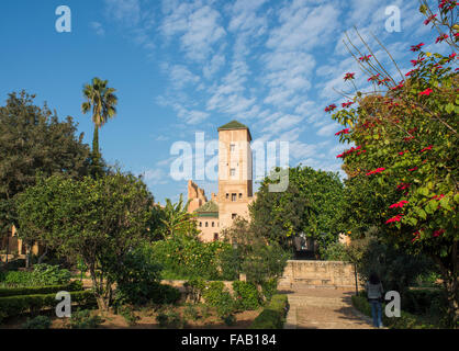 Giardini andalusi in Udayas kasbah. Kasbah di Udayas è un piccolo complesso fortificato e un simbolo dell'archittetura Almohade, Foto Stock