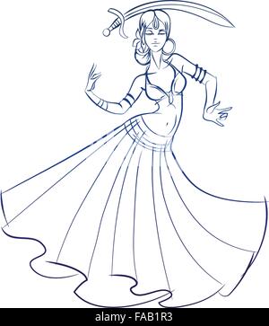 Una danzatrice del ventre figura gesto schizzo disegno della linea. Illustrazione Vettoriale