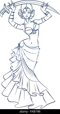 Una danzatrice del ventre figura gesto schizzo disegno della linea. Illustrazione Vettoriale