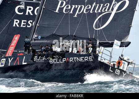 Sydney, Australia. Il 26 dicembre, 2015. Rolex Sydney Hobart Yacht Race 2015. Licenza perpetua proprietario fedele/skipper da Anthony campana del NSW tipo Juan-K 100. Include ex Australian cricket capitano Michael Clark e Wallaby Kurtly Beale durante l'inizio dell'629 miglio nautico gara da Sydney a Hobart sul Porto di Sydney. Credito: Azione Sport Plus/Alamy Live News Foto Stock