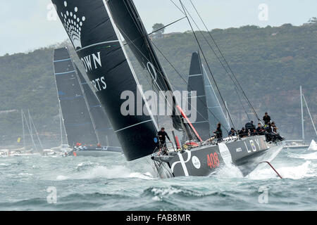 Sydney, Australia. Il 26 dicembre, 2015. Rolex Sydney Hobart Yacht Race 2015. Licenza perpetua proprietario fedele/skipper da Anthony campana del NSW tipo Juan-K 100. Include ex Australian cricket capitano Michael Clark e Wallaby Kurtly Beale durante l'inizio dell'629 miglio nautico gara da Sydney a Hobart sul Porto di Sydney. Credito: Azione Sport Plus/Alamy Live News Foto Stock