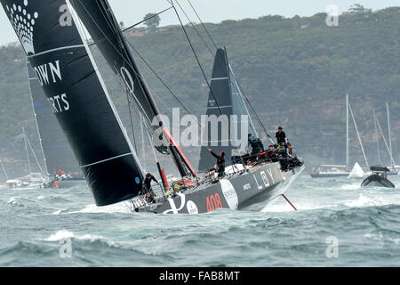 Sydney, Australia. Il 26 dicembre, 2015. Rolex Sydney Hobart Yacht Race 2015. Licenza perpetua proprietario fedele/skipper da Anthony campana del NSW tipo Juan-K 100. Include ex Australian cricket capitano Michael Clark e Wallaby Kurtly Beale durante l'inizio dell'629 miglio nautico gara da Sydney a Hobart sul Porto di Sydney. Credito: Azione Sport Plus/Alamy Live News Foto Stock