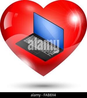 Illustrazione di un cuore rosso icona con un laptop all'interno Illustrazione Vettoriale