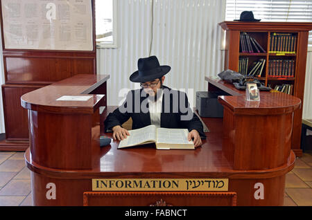 Un giovane religioso ebraico studiando uomo Talmud come egli siede presso il banco informazioni al Ohel in Cambria Heights, Queens, a New York Foto Stock