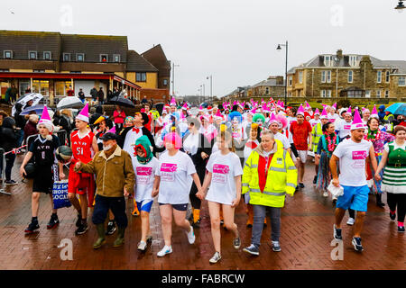 Prestwick, Ayrshire, Regno Unito. 26 dicembre, 2015. Centinaia di nuotatori braved temperature invernali e la pioggia per prendere parte alla decima edizione della "Boxing Day Dip" a sostegno dei bambini " la carità "Clic Sargent'. Questo anno il 'ip' è stata dedicata a Ross Granger, di anni 12, da Prestwick chi è nato con il cancro del rene ed è ora festeggia i dieci anni di remissione. Sua madre Eileen, ha dedicato la sua vita a sostenere Clicca Sargent e si è aggiudicato un MBE per il suo servizio alla carità. Credito: Findlay/Alamy Live News Foto Stock