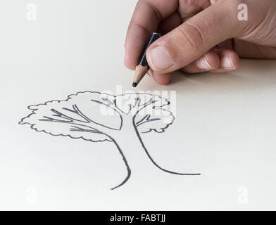 Un bambino disegna un albero con una brevissima matita esprimenti stub ha concetto di conservazione delle risorse della terra Foto Stock