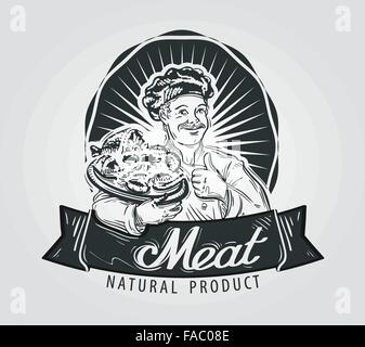 I prodotti a base di carne il vettore logo design modello. La cottura di alimenti o salsicce, salami, carni bovine, icona di maiale Illustrazione Vettoriale