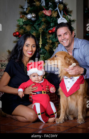 Multi-etnico famiglia di ispanici madre e padre caucasici con razza mista baby boy e Golden Retriever cane riuniti nella parte anteriore Foto Stock