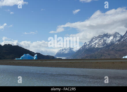 Iceberg dal ghiacciaio Grey galleggianti nel lago grigio in Torres del Paine, Cile. Foto Stock