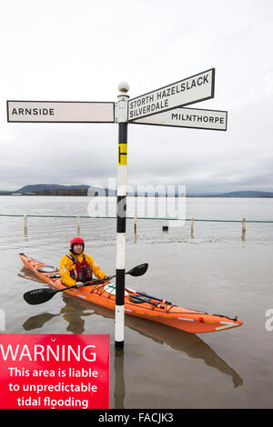 Kayakers nelle acque di esondazione su strada a Storth sul Kent Estuary in Cumbria, Regno Unito, durante il mese di gennaio 2014 mareggiata e h Foto Stock