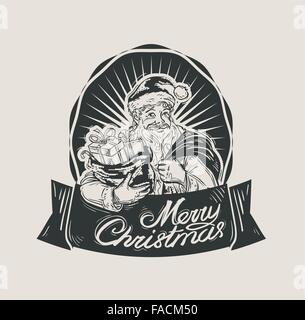 Disegnate a mano felice Santa Claus e borsa con doni. illustrazione vettoriale Illustrazione Vettoriale