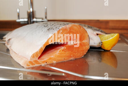 Salmone intero essendo preparato per la cottura al lavello da cucina Foto Stock