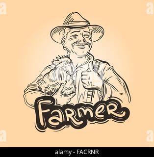 Agriturismo, vettore di allevamento logo design modello. agricoltore, un coltivatore o icona di pollo Illustrazione Vettoriale
