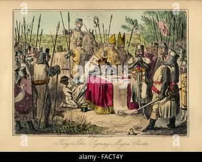 Colorati a mano fumetto illustrazione dal 1846 raffigurante il Re Giovanni firma la Magna Carta a Runnymede nel giugno 1215 Foto Stock