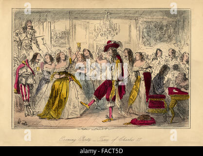 Colorati a mano fumetto illustrazione dal 1846 raffigurante una serata partito alla volta di Charles II. Foto Stock