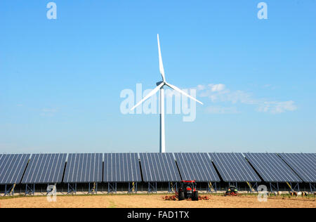 Impianto solare con turbina eolica presso un'azienda agricola nei Paesi Bassi.Di fronte due trattori Foto Stock