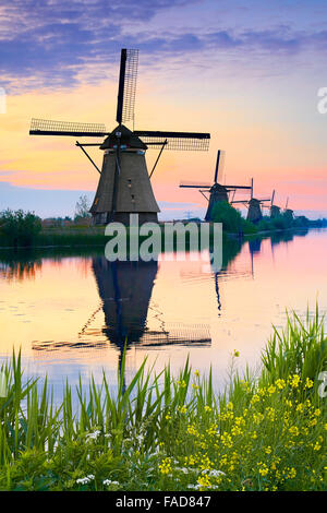 Paesi Bassi mulini a vento al tramonto - Kinderdijk, Olanda Foto Stock