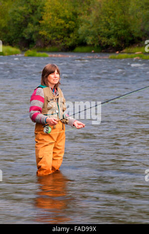 Pesca a mosca sul foro grande fiume, dividere Bridge Area ricreativa, Butte Field Office Bureau of Land Management, Montana Foto Stock