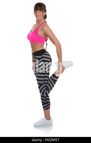 Stretching fitness stretch donna in piedi a sport training allenamento isolato su uno sfondo bianco Foto Stock