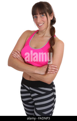 Allenamento fitness sports donna sorridente ritratto slim fit isolato su uno sfondo bianco Foto Stock