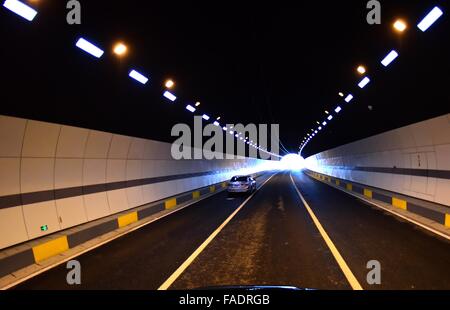 Wuhan, la Cina della provincia di Hubei. 28 dicembre, 2015. Un veicolo si muove sull'autostrada del tunnel sotto il lago Donghu a Wuhan, capitale della Cina centrale della provincia di Hubei, Dic 28, 2015. Il lago Donghu tunnel, la Cina la più lunga galleria sotto un lago, è stato aperto al traffico il lunedì. Una macchina potrebbe correre attraverso il 10.6-chilometro-lungo tunnel in circa 15 minuti. © Cheng Min/Xinhua/Alamy Live News Foto Stock