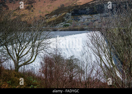 Elan Valley, vicino Rhayader, Powys Wales UK. Il 28 dicembre, 2015. Dopo settimane di pioggia pesante le acque al di sopra della Caban Coch diga in Elan Valley, a ovest di Rhayader Powys Galles Centrale. Caban Coch è il collegamento più basso in una catena di 6 dighe e serbatoi costruiti un centinaio di anni fa alimentazione in un 73 miglio gravità acquedotto condotto per la fornitura di acqua potabile alla città di Birmingham Credito: keith morris/Alamy Live News Foto Stock