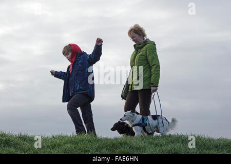 La madre e il figlio a piedi i loro cani Foto Stock
