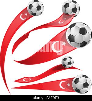 Bandiera della Turchia set con pallone da calcio isolato su bianco Illustrazione Vettoriale