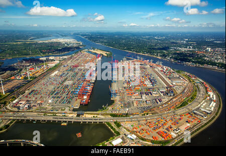 Vista aerea, contenitore porta Amburgo, CTA, container terminal Altenwerder, Hamburg-Altenwerder, dal porto di Amburgo, Elba, Amburgo,