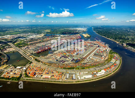 Vista aerea, contenitore porta Amburgo, CTA, container terminal Altenwerder, Hamburg-Altenwerder, dal porto di Amburgo, Elba, Amburgo,