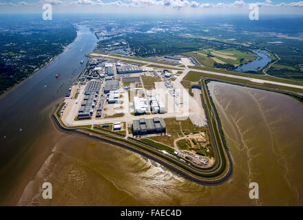 Vista aerea, Finkenwerder aeroporto, pista e fabbriche di Airbus aeroporto, Finkenwerder, Amburgo, Germania, Europa aeroporto, Foto Stock