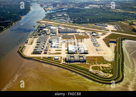 Vista aerea, Finkenwerder aeroporto, pista e fabbriche di Airbus aeroporto, Finkenwerder, Amburgo, Germania, Europa aeroporto, Foto Stock