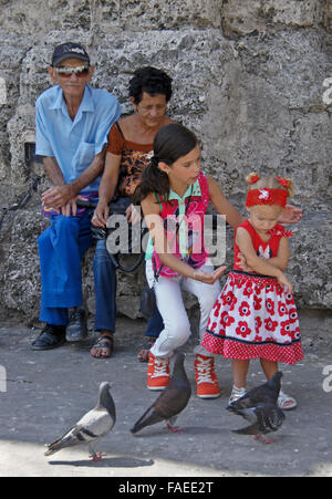 I bambini e i nonni alimentare piccioni in Plaza de San Francisco, Habana Vieja (l'Avana Vecchia), Cuba Foto Stock