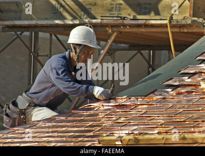 Workman posa in rame nuove tegole del tetto che spiraglio di sole Foto Stock