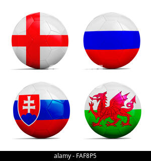 Quattro palloni da calcio con il gruppo B team bandiere, calcio Euro Cup 2016. Foto Stock
