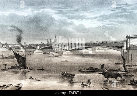 Blackfriars Bridge, una strada e il traffico pedonale ponte sul Fiume Tamigi a Londra, secolo XIX, Foto Stock