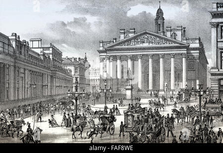 Il Royal Exchange e la Banca di Inghilterra, Londra, secolo XIX, Foto Stock