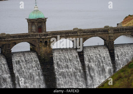 Craig Goch diga e serbatoio, Elan Valley acqua, progettato per garantire un approvvigionamento sicuro di acqua fresca , fornito da una gravità alimentata acquedotto alla città di Birmingham, circa 70 miglia ad est. Dicembre giornata invernale, Powys Mid Wales, Regno Unito Foto Stock