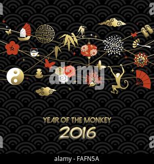 2016 Felice Anno Nuovo Cinese della scimmia. Oro cultura tradizionale design icona, vacanze e elementi di decorazione con testo. Illustrazione Vettoriale