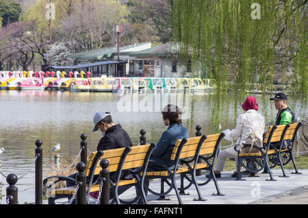 Per coloro che godono di una Domenica mattina di primavera presso Shinobazu Canottaggio stagno nel Parco di Ueno, Tokyo, Giappone Foto Stock