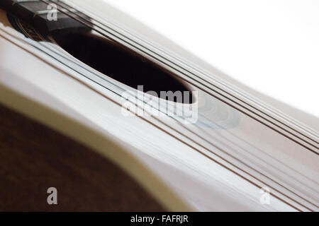 Close-up del foro di emissione del suono di una chitarra acustica. Foto Stock