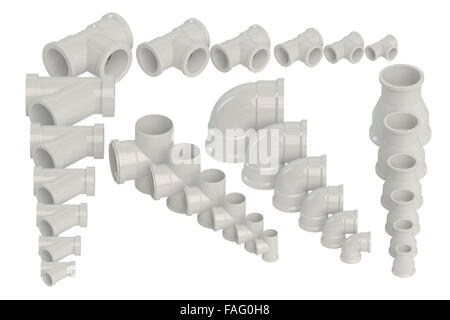 Set di raccordi in plastica per la conduttura di acqua isolati su sfondo bianco Foto Stock
