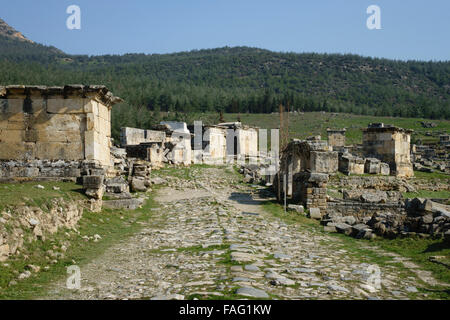 Turchia - VIAGGIO AD precoce periodo di tombe in pietra della Frigia necropoli di Hierapolis, Pammukale. Foto Stock