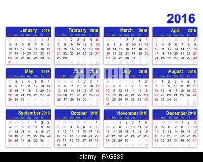 Calendario per il 2016 :settimana inizia domenica Foto Stock